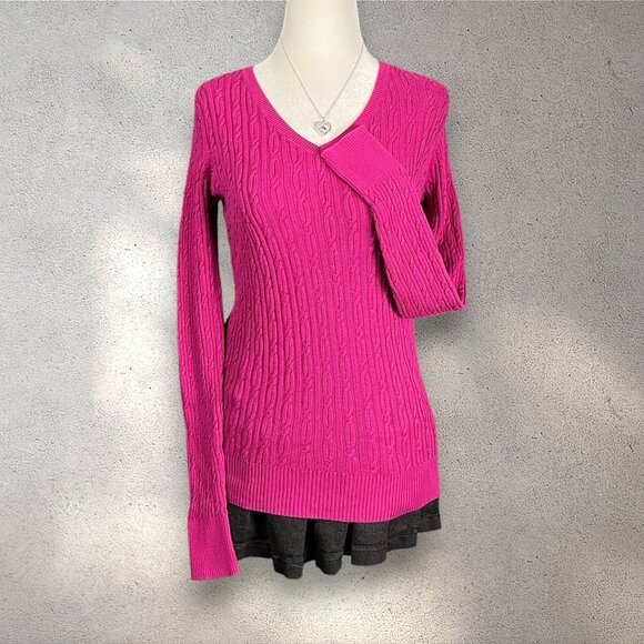 Sonoma Sweaters - Sonoma Cable Knit V-Neck Sweater Women's XS Pink Long Sleeve Pullover Y2K Preppy